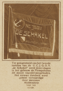 871056 Afbeelding van het nieuwe vaandel van de Nederlandsche Christelijke Jongelingen Geheelonthouders Vereeniging ...